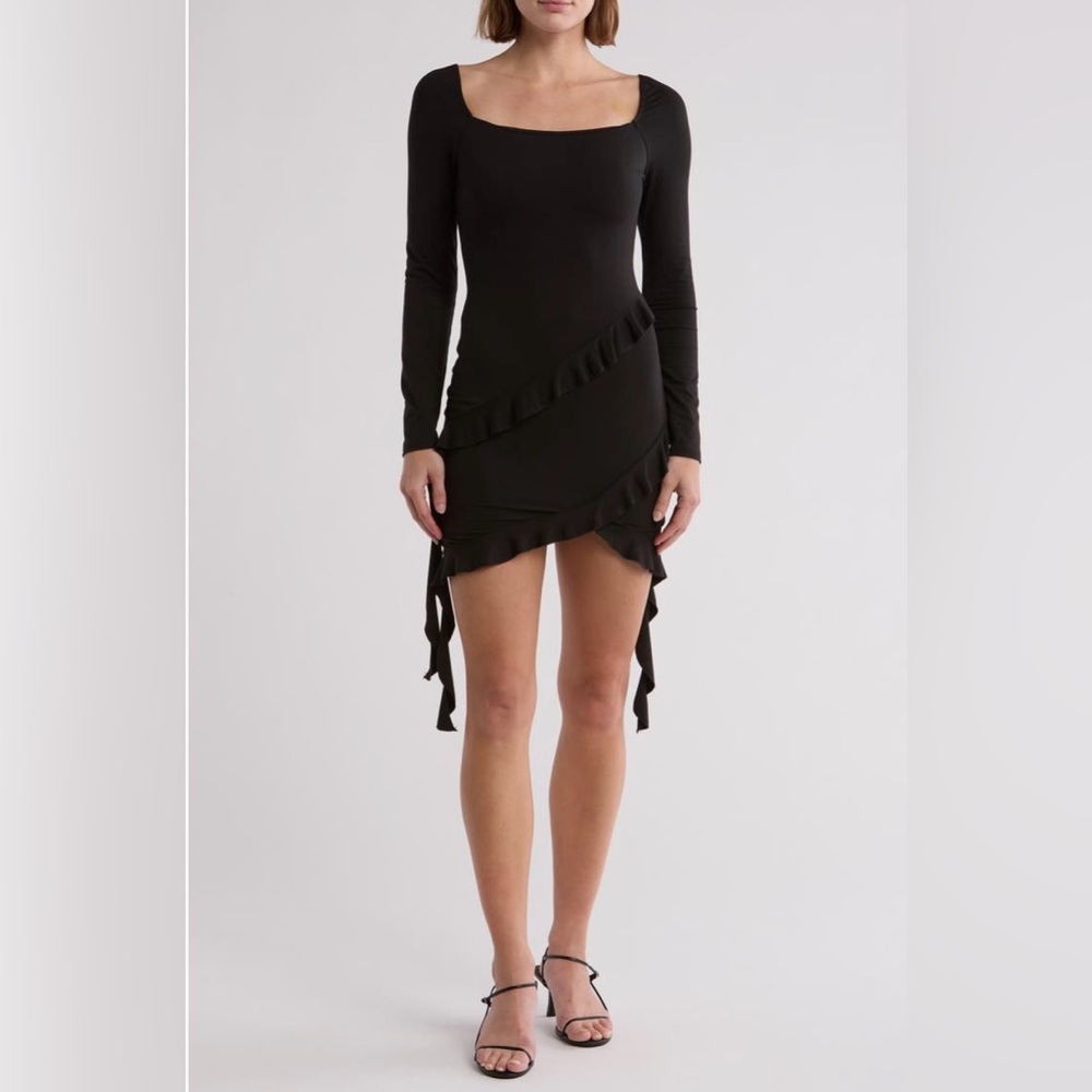 Lush Black Asymmetrical Ruched Bodycon Dress